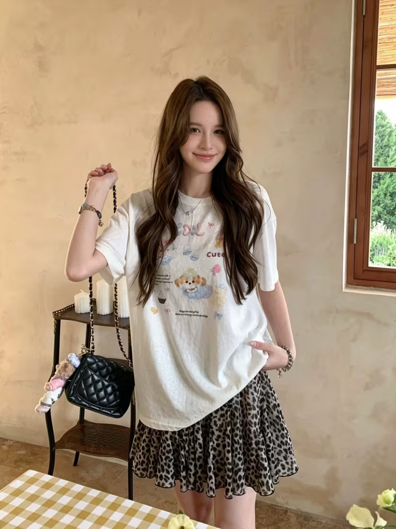 Leopard Print Chiffon Skirt Women'S High-Waisted Ruffle A-Line Mini Skirt Summer Casual And Elegant Design Skirt with Anti-Exposure Lining Shorts