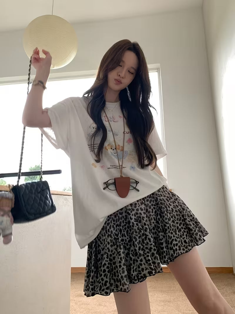 Leopard Print Chiffon Skirt Women'S High-Waisted Ruffle A-Line Mini Skirt Summer Casual And Elegant Design Skirt with Anti-Exposure Lining Shorts