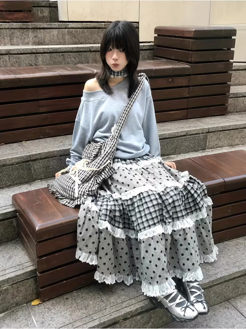 Multi-layered Lace Patchwork Vintage Plaid Cake Skirt for Women, High-waisted A-line Polka Dot Skirt for Spring and Autumn