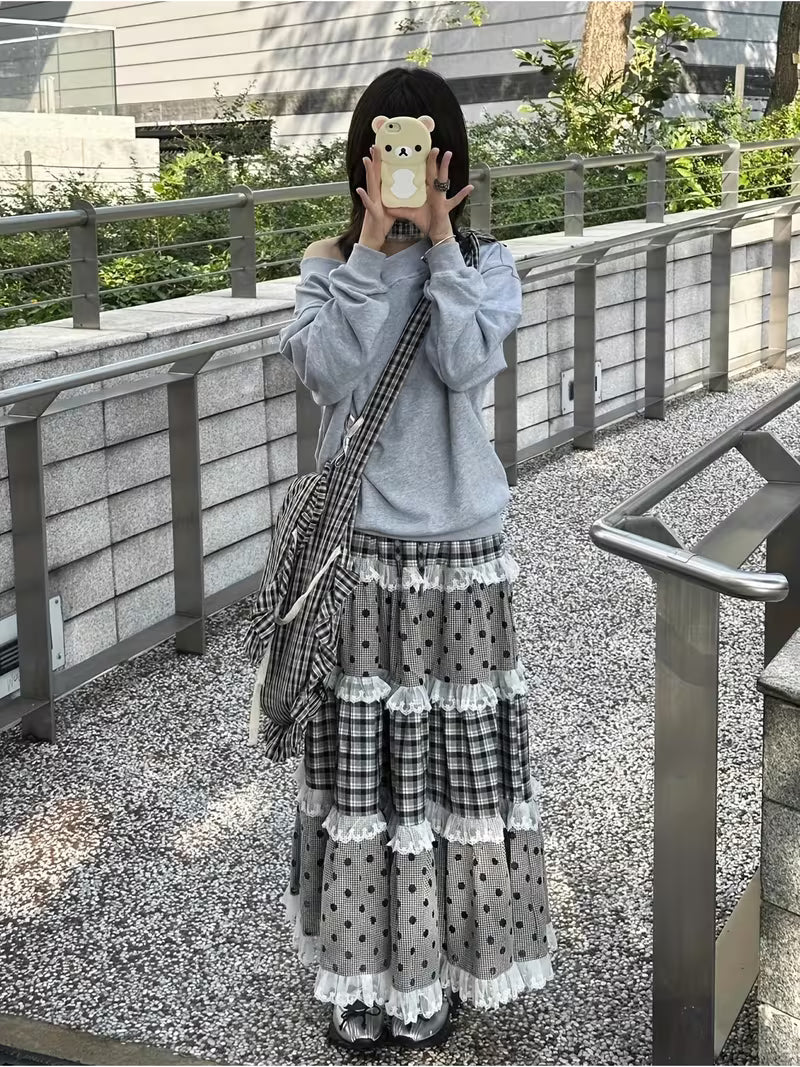 Multi-layered Lace Patchwork Vintage Plaid Cake Skirt for Women, High-waisted A-line Polka Dot Skirt for Spring and Autumn