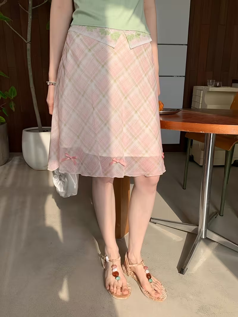 Fresh Light Pink Mesh Grid A-Line Skirt Summer Casual High-Waist Half Skirt Women