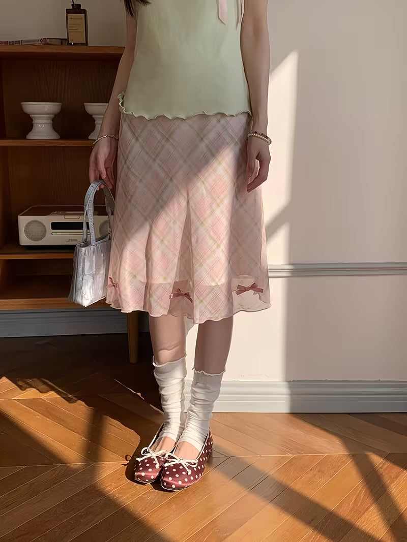 Fresh Light Pink Mesh Grid A-Line Skirt Summer Casual High-Waist Half Skirt Women