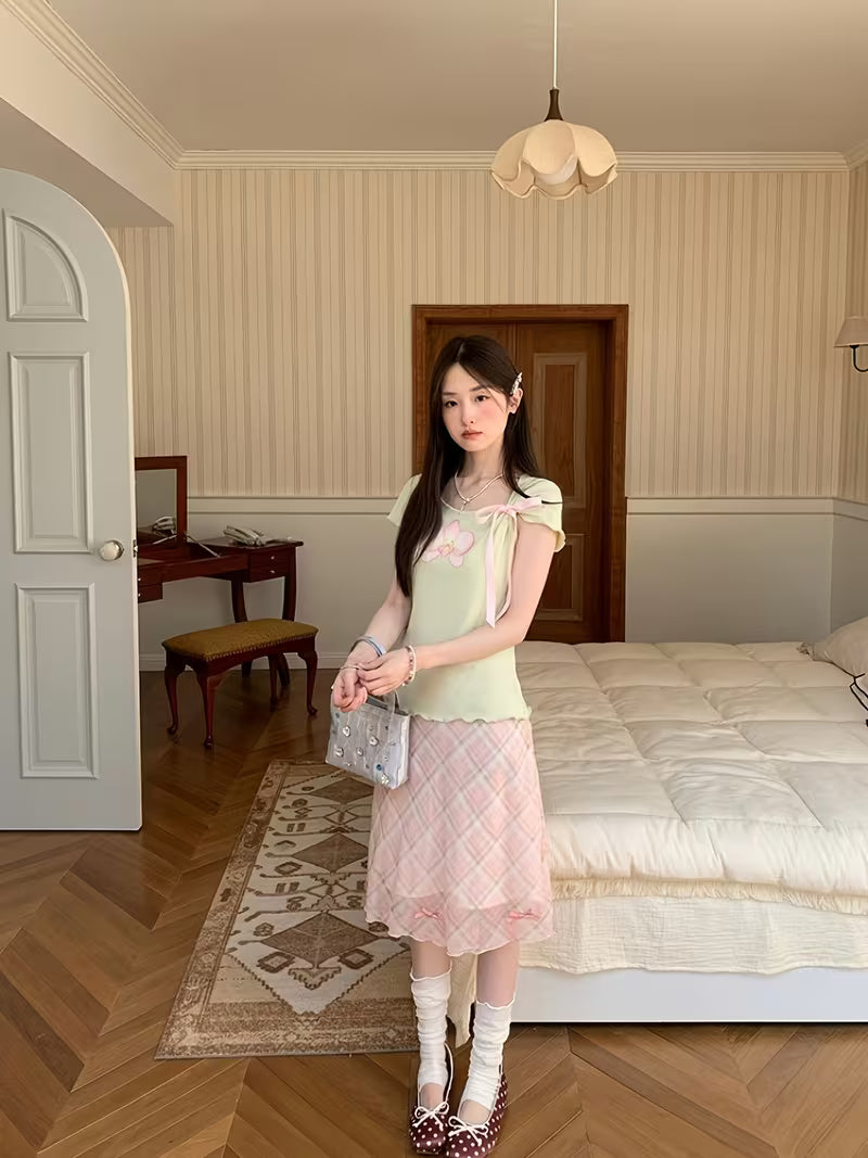 Fresh Light Pink Mesh Grid A-Line Skirt Summer Casual High-Waist Half Skirt Women