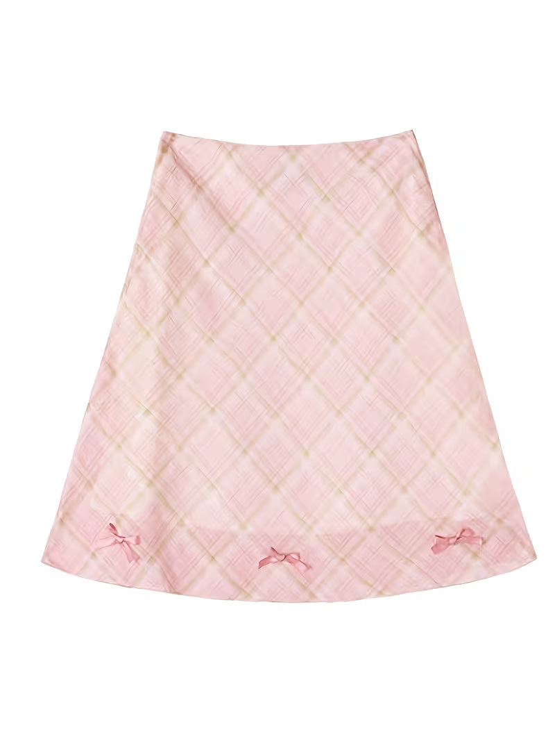 Fresh Light Pink Mesh Grid A-Line Skirt Summer Casual High-Waist Half Skirt Women