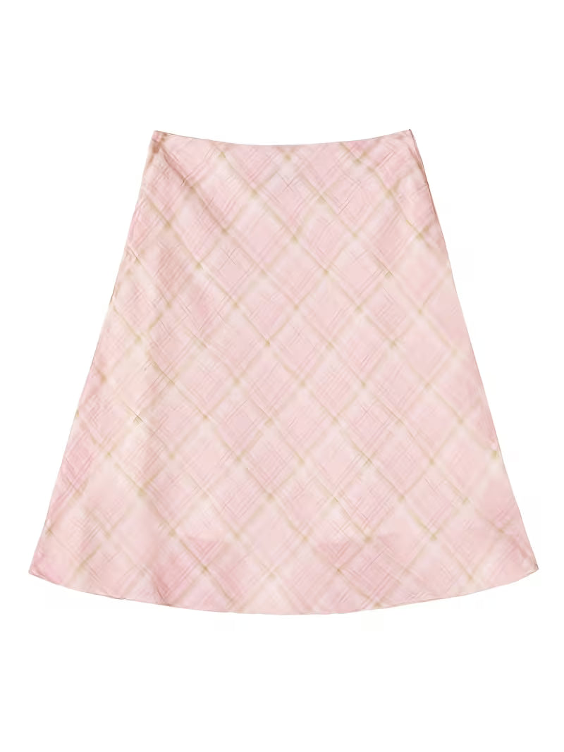 Fresh Light Pink Mesh Grid A-Line Skirt Summer Casual High-Waist Half Skirt Women