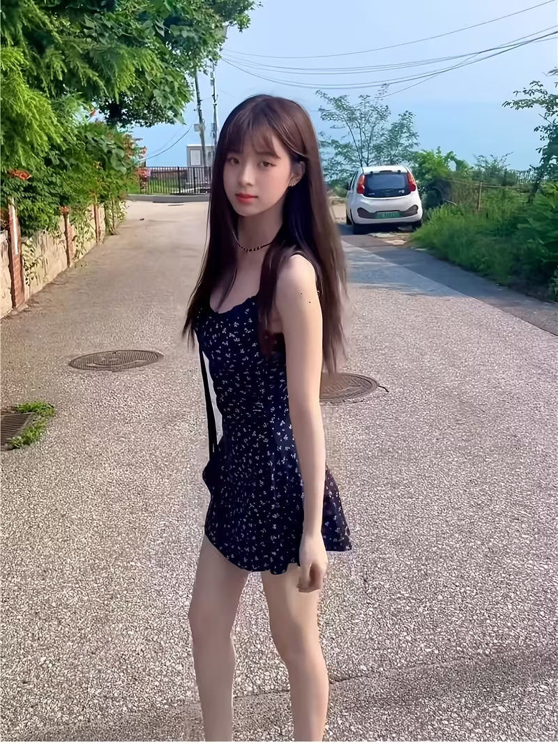 Blue Floral Print Camisole Dress for Women, New Summer Style, Sweet And Sexy, Pure And Alluring, Waist-Cinching Camisole Dress